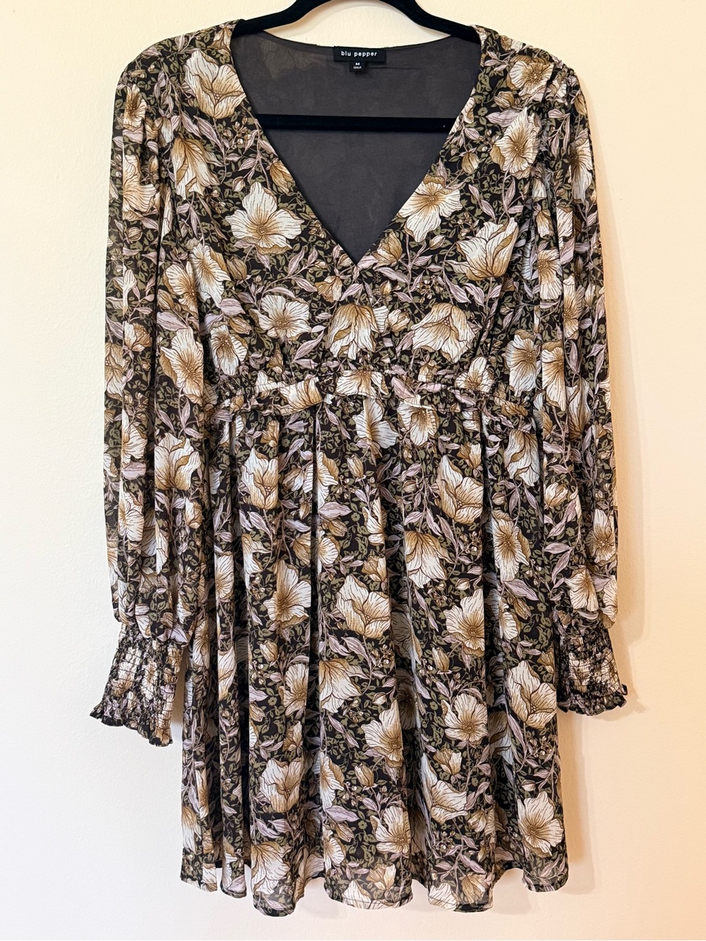 Blu Pepper Olive and Cream Floral V-Neck Babydoll Dress